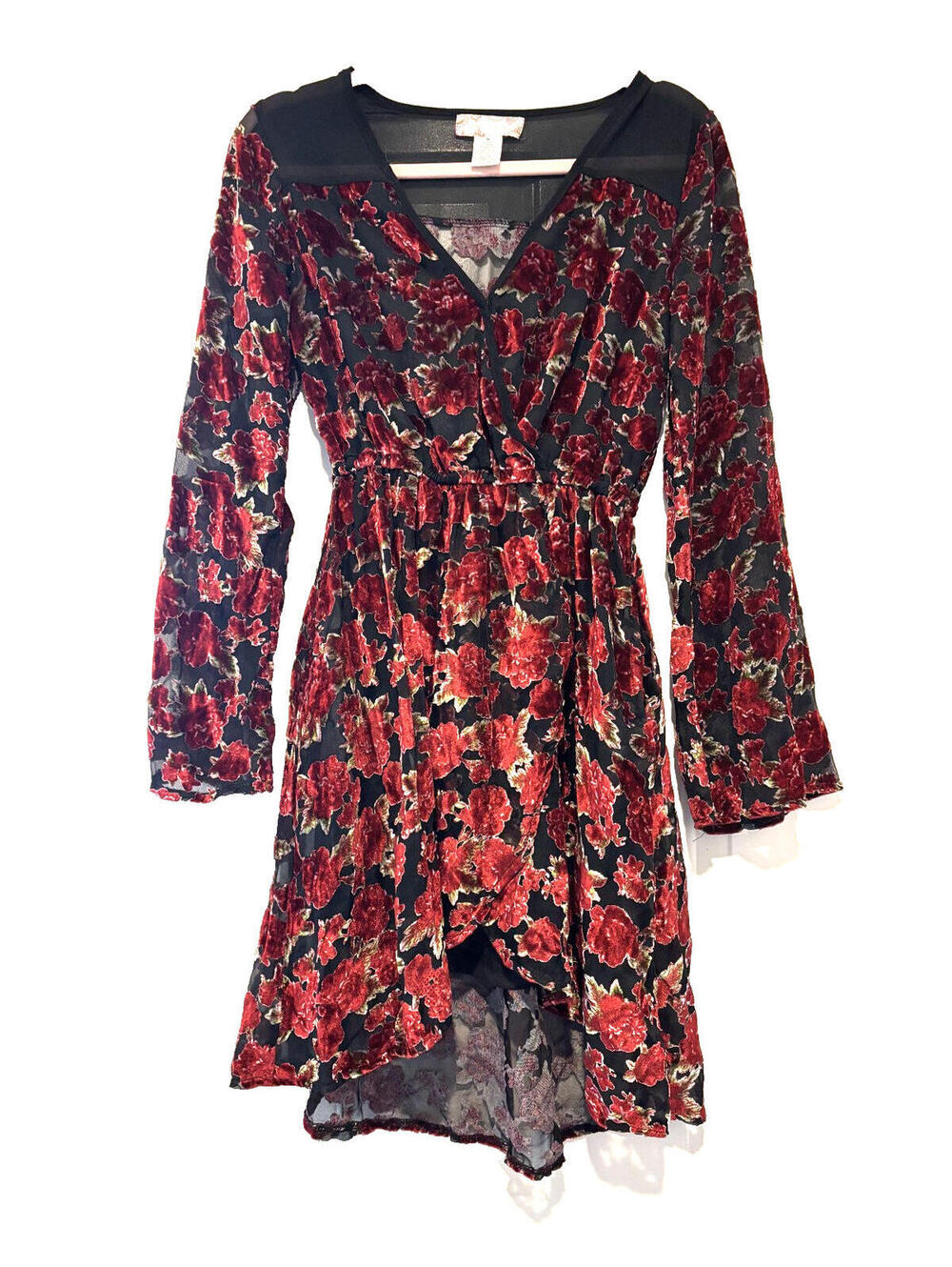 Band of Gypsies sz M long sleeve sheer black floral velvet floral mini dress BB